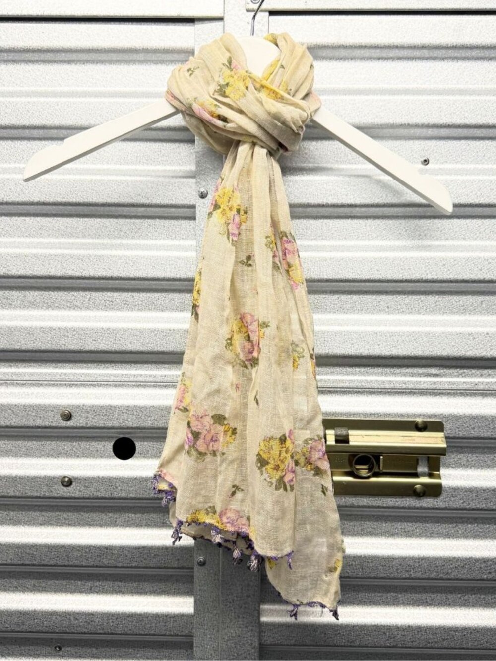 45RPM 45R Baby Line Beige Multicolor Flower Print Fringe Linen Scarf